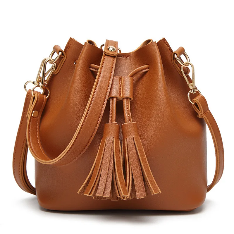 

Fashion Tassel PU Leather Women Bucket Bag Luxury Design High Quality Small Crossbody Bag Casual Large Capacity Female Handbags