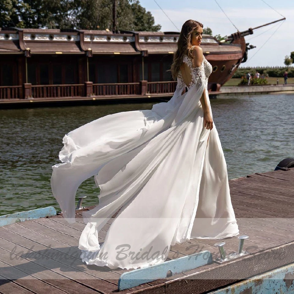 

Puffy Boho Long Sleeve Wedding Dress Beach Summer 2020 Vestidos Sexy Bridal Dress Illusion Lace A Line Wedding Dress Open Back