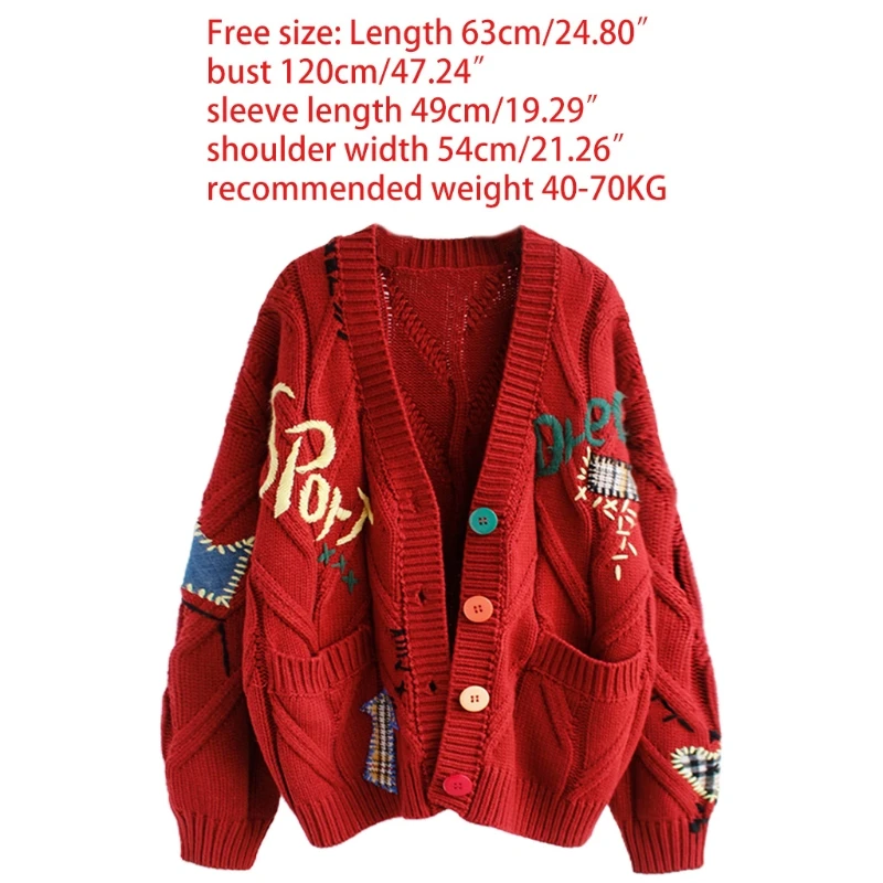 

Women Crochet Knit Cardigan Long Sleeve Colorful Buttons Sweater Coat Letters Embroidery Vintage Patches Loose Outwear