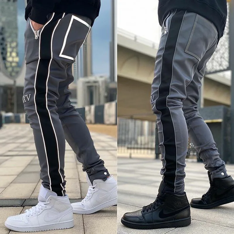 

2021New Reflective Strip Cargo Tracksuit Pants For Men Fall Fitness Training Basketball Hip-Hop Outdoor Zippered Pocket Pants