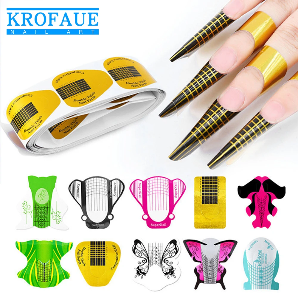 

Формы для наращивания ногтей KROFAUE, 100 шт., бумажные наклейки, акриловые наконечники для УФ-геля, 10 видов стилей держатель для маникюра и дизай...