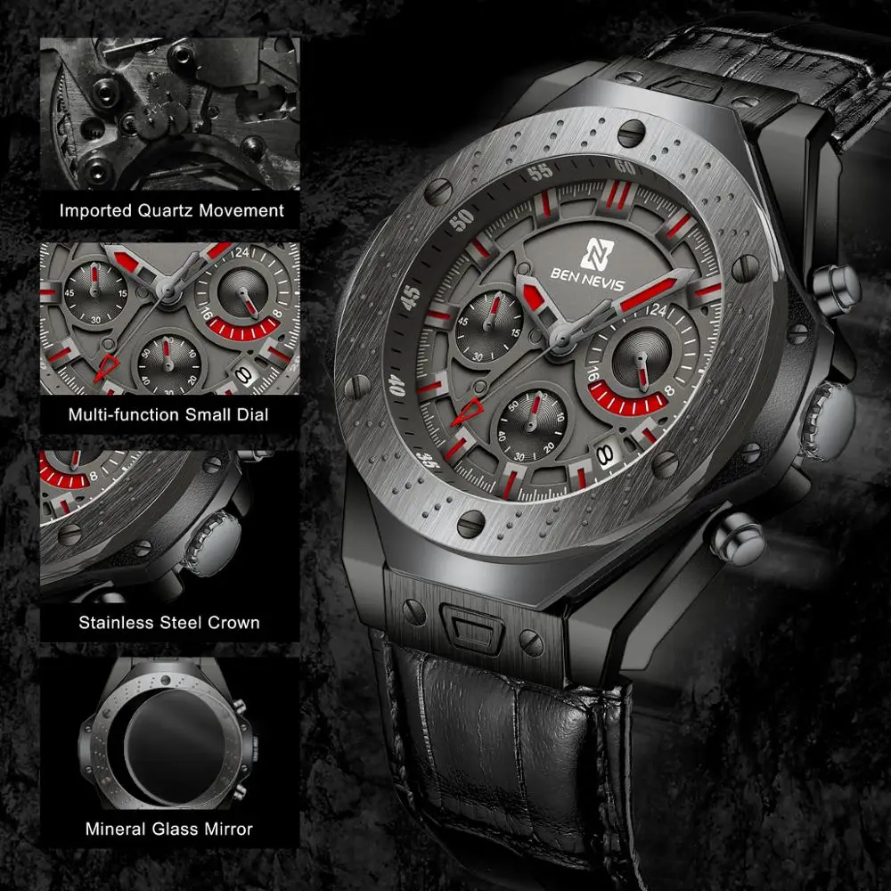 Мужские спортивные многофункциональные часы-хронограф с календарем и кожаным