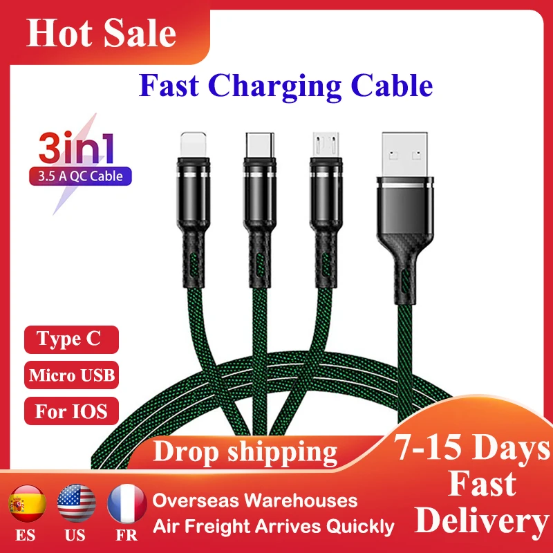 

3 in 1 USB Type C Cable for iPhone Android iOS Micro USB 3.5A Cell Phone Charging Cable Multiple Devices Fast Charging Cord Cabo