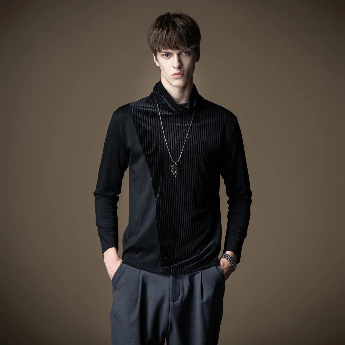 

Pinli 2020 Autumn New Slim Solid Turtleneck Corduroy Splicing Velvet Casual Men Long Sleeve T-shirt Clothes Cool Boy B203111293