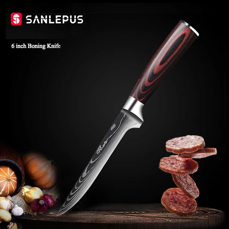 

Нож для боннинга SANLEPUS, 6 дюймов, шеф-нож, кухонные ножи, острый японский нож сантоку с лазерным Дамасским узором, универсальный нож