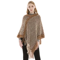 women plaid capes pullover autumn winter color matching knit sweater tassel shawl cloak scarf casual vintage female ponchos