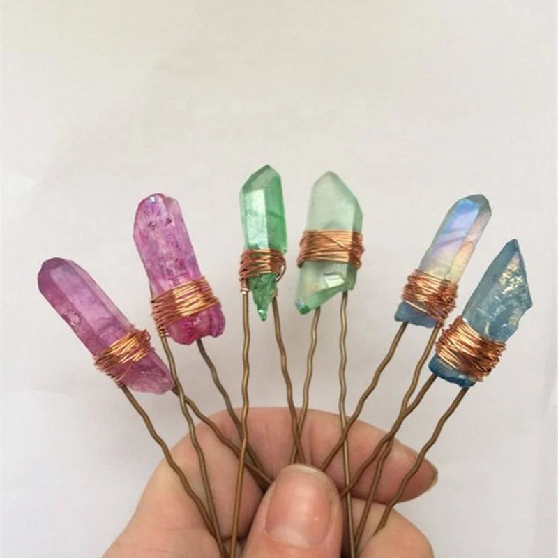 

Gold Wire Wrapped Clear Quartz Point Beads Hair Clips Pins