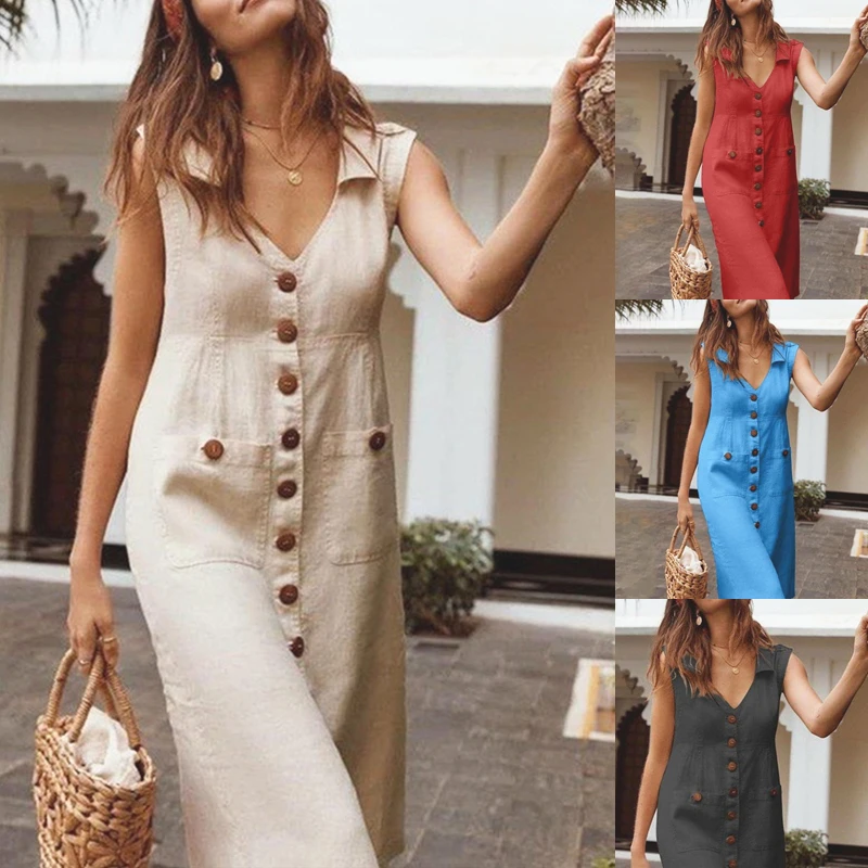 

Sexy Long Solid Dress with Belt Vintage Button Front Sleeveless Dress Holiday Beach Dress Slim Vestidos Verano 2020