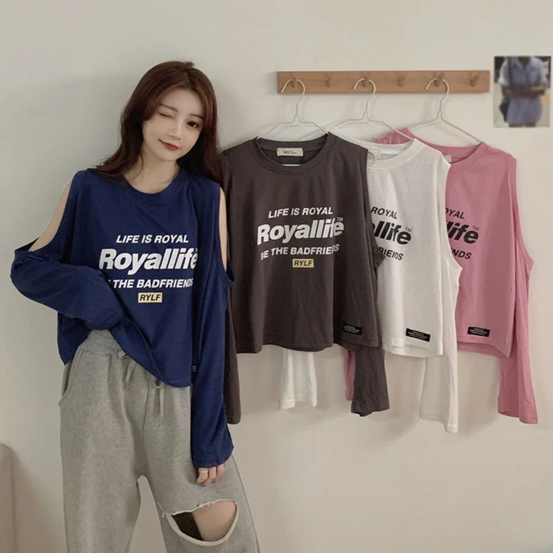 

Spring Autumn Sweet Women Wild Letter Printing Expose-Shoulder Long-Sleeved Top Loose T-Shirt Blouse