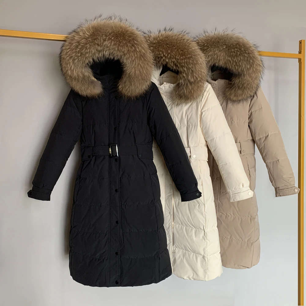 

Women Large Natural Raccoon Fur Long Down Jacket 90% White Duck Down Coat Loose Hooded Thick Parkas Female Overcoat With Belt W