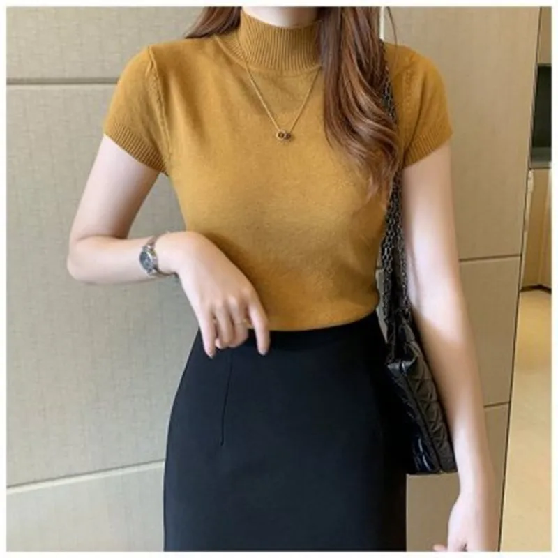 

ECTIC2021 Summer Women's Harajuku Slim Fashion T-shirt Knitted Hollow Sexy Top Short Sleeve High Neck T-Shirt White Black
