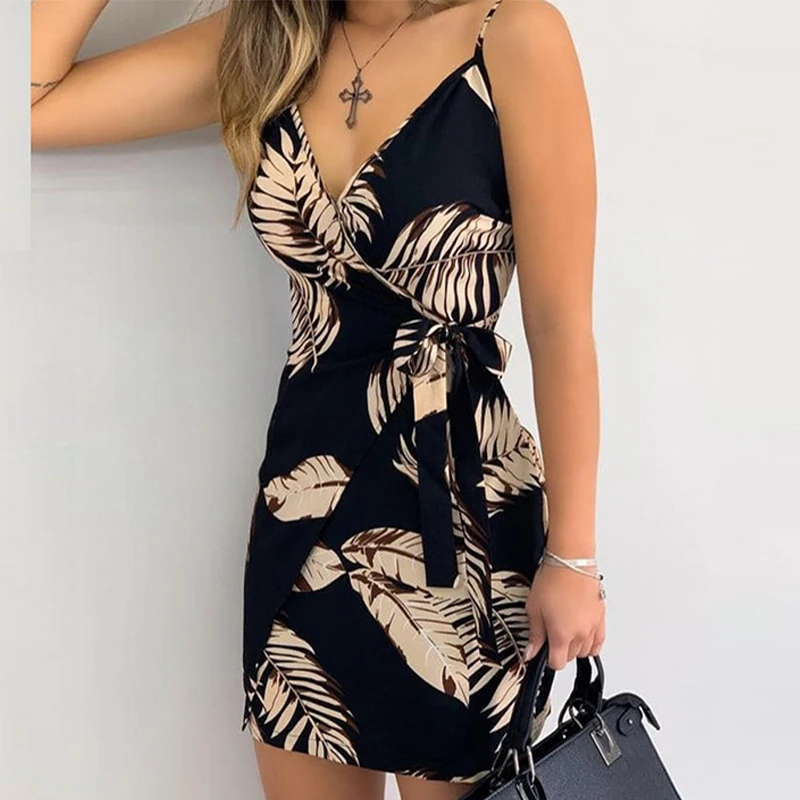 

Платье женское с V-образным вырезом, пикантная одежда с поясом, на бретелях-спагетти, в стиле пэчворк, с завышенной талией, летнее