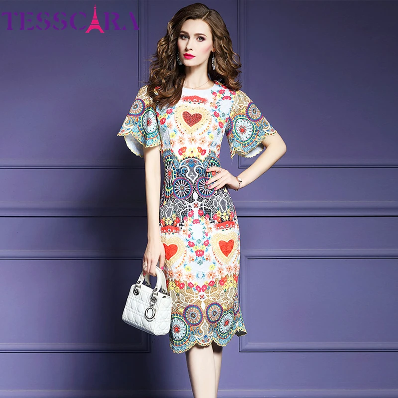 Женское платье с бисером TESSCARA Осеннее Роскошное хлопковое принтом вечерние