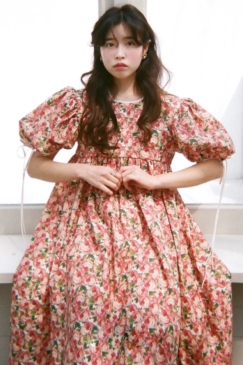 

Korejpaa Women Dress 2021 Summer Korean Retro Flower Print Round Neck Hollow Open Back Lace Puff Sleeve Loose Large Vestidos