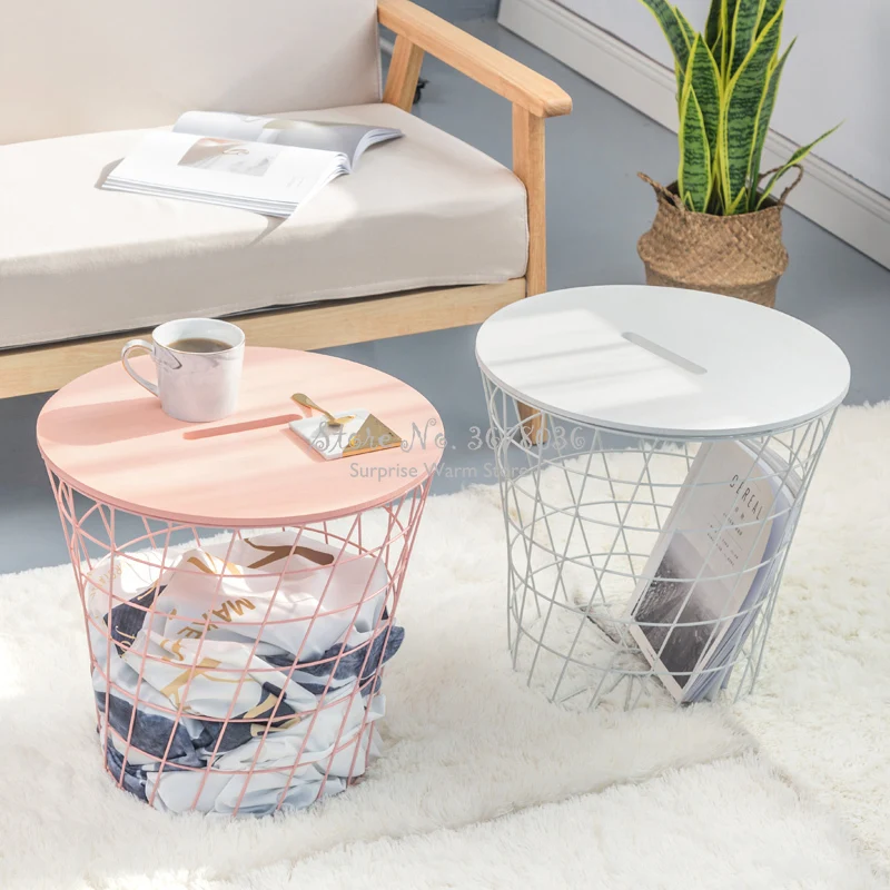 

Nordic Style Floorstand Decorative Floor Rack Iron Creative Small Metal Storage Basket with Wooden Lid Pink Blue Side Table Desk