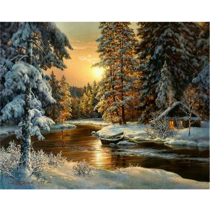 

Diamond Painting Cross Stitch Winter Sunset Landscape Round Rhinestone Mosaic Picture 5D Diamond Embroidery Snow Tree Icon