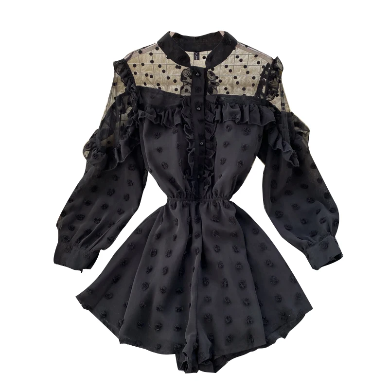 

Summer Women's Jumpsuit French Puff Sleeve Net Yarn Polka Dot Jumpsuit Fungus Slim and Thin Western Style One-piece Pants LL026