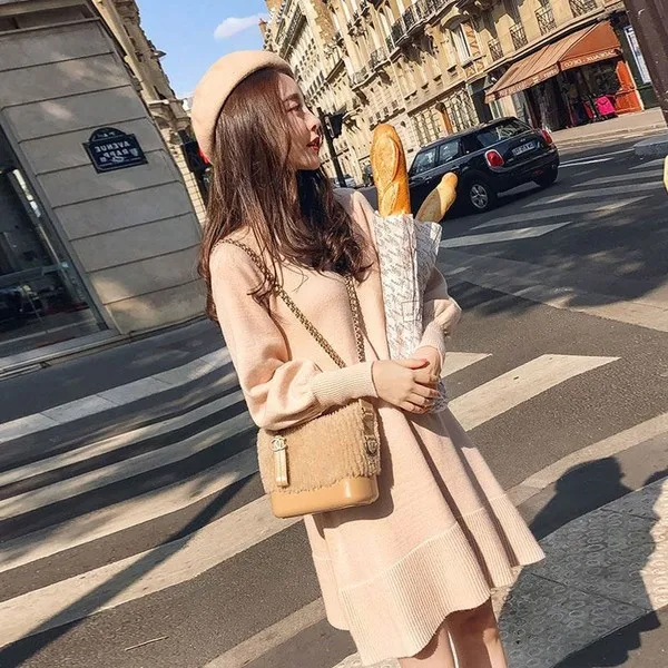 

2 Color choose Autumn Knitted Dress O-neck Lantern sleeve A-line Loose Short Dress Solid Oversize Winter Bottoming Sweater Dress