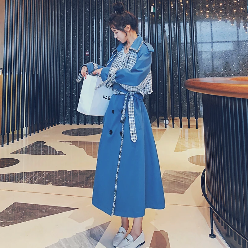 

Women's Windbreaker Long Haze Blue Plaid Drape Stitching Trench Coat Spring Autumn Ladies Cloak Loose Cotton Lining New Jacket