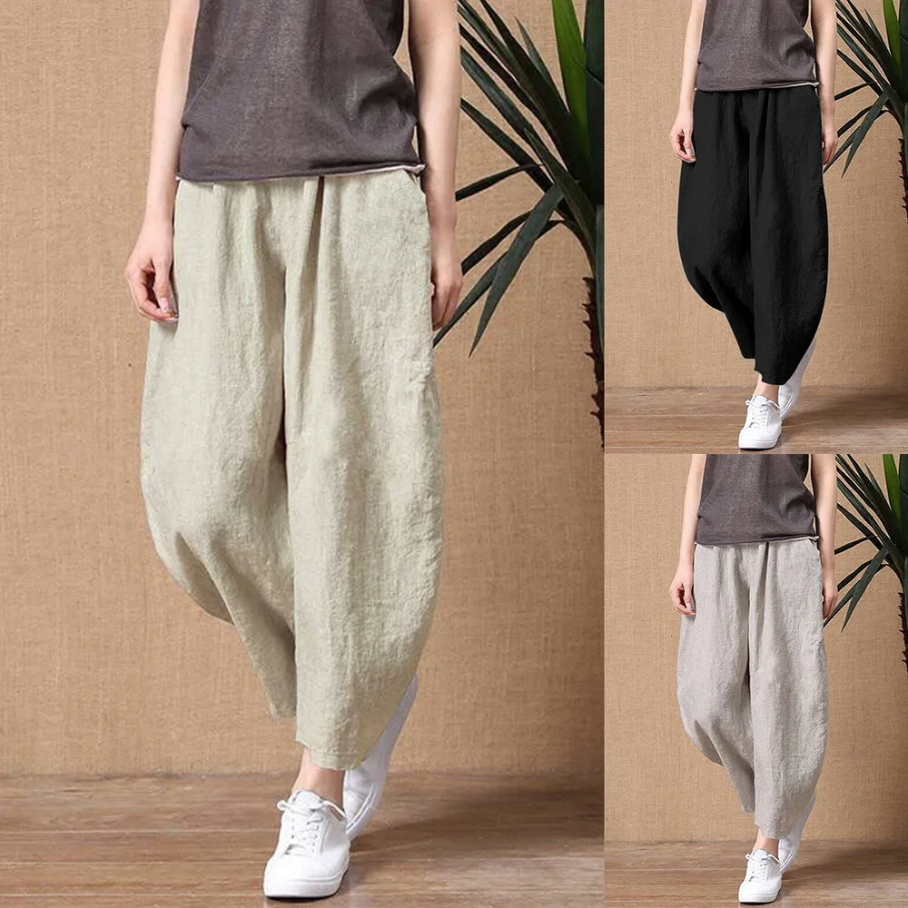 

Women's Cotton Linen Pants Elastic Waist Vintage Trousers Lady Loose Casual Pants Plus Size S-5XL Retro Literary Cotton Trousers