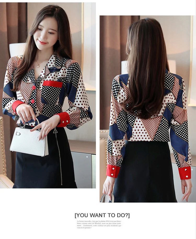 

2019 autumn new Fashion Women shirt high fashion print shirt Korean version slim retro contrast color chiffon shirt