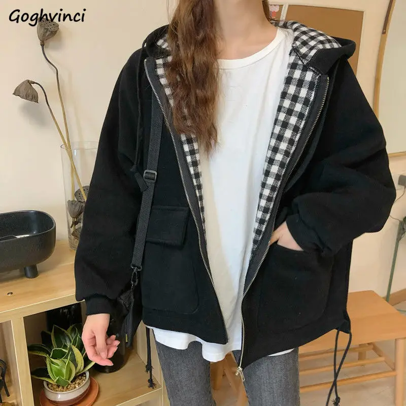 

Woman Jacket Cotton Plaid Hooded Chaquetas Para Mujer Pockets Zipper Outwear Coats Harajuku Loose Streetwear Mujer Chaqueta