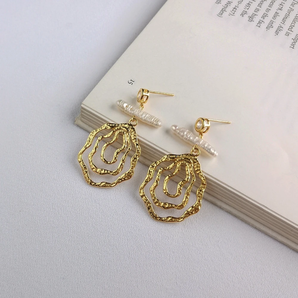 Exaggerated Irregular Circle Design Geometric Earrings Gold 925 Sterling Silver Nature Freshwater Baroque Pearl Drop | Украшения и
