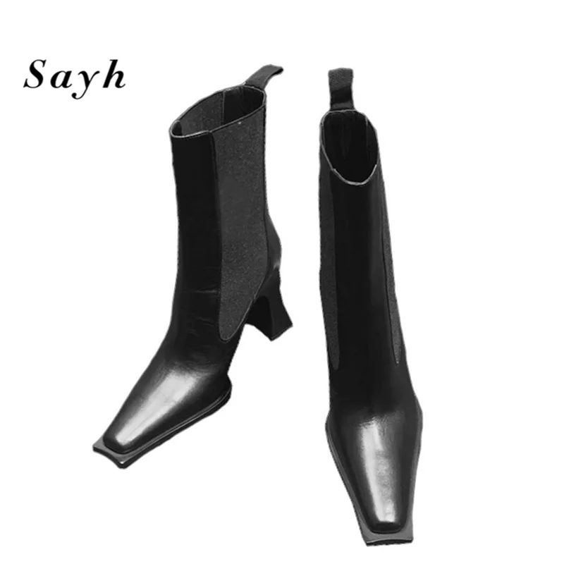 

Зимние женские ботинки черные кожаные туфли-лодочки на платформе и высоком каблуке Ботильоны Роскошные брендовые мотоциклетные ботинки с ...