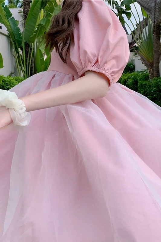 

Fairy Sweet Salt Puff Sleeve Dress Summer Immortal Mesh Square Collar Midi Bubble Skirt Princess Dress lolita dress