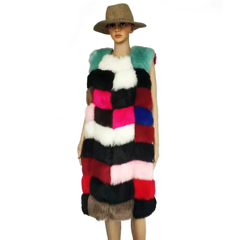 Многоцветный женский жилет из искусственного меха длинный зимний без рукавов