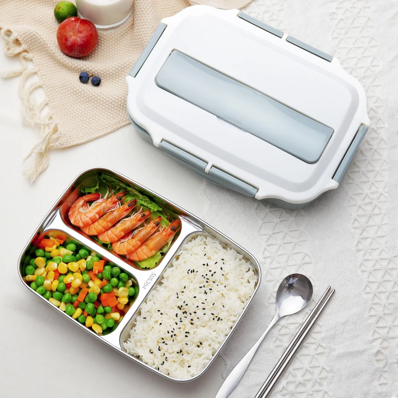 Ланч бокс с отделениями Портативный из нержавеющей стали для детей ложкой и