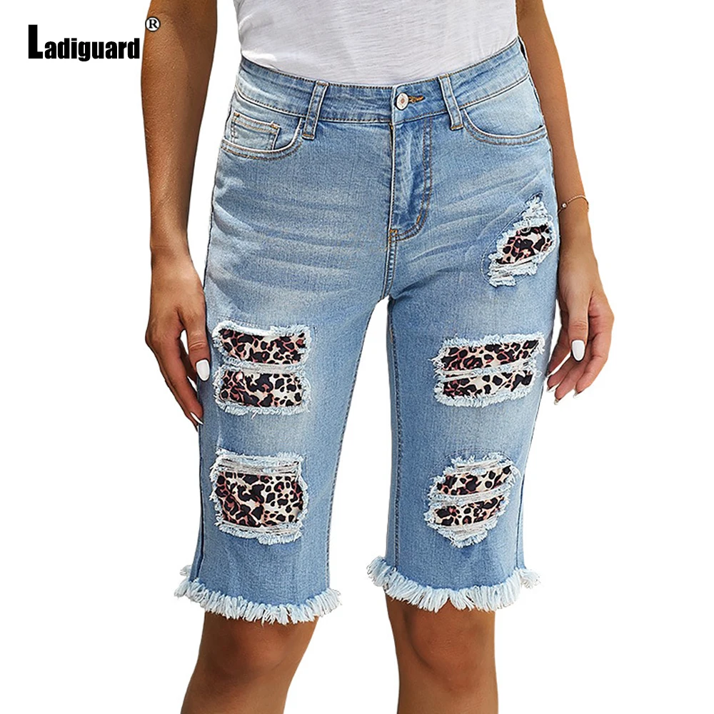 Ladiguard High Waist Denim Shorts Women Patchwork Half Pants Skinny Vintage Ripped Short Jeans Ladies Summer Hotpants Femme