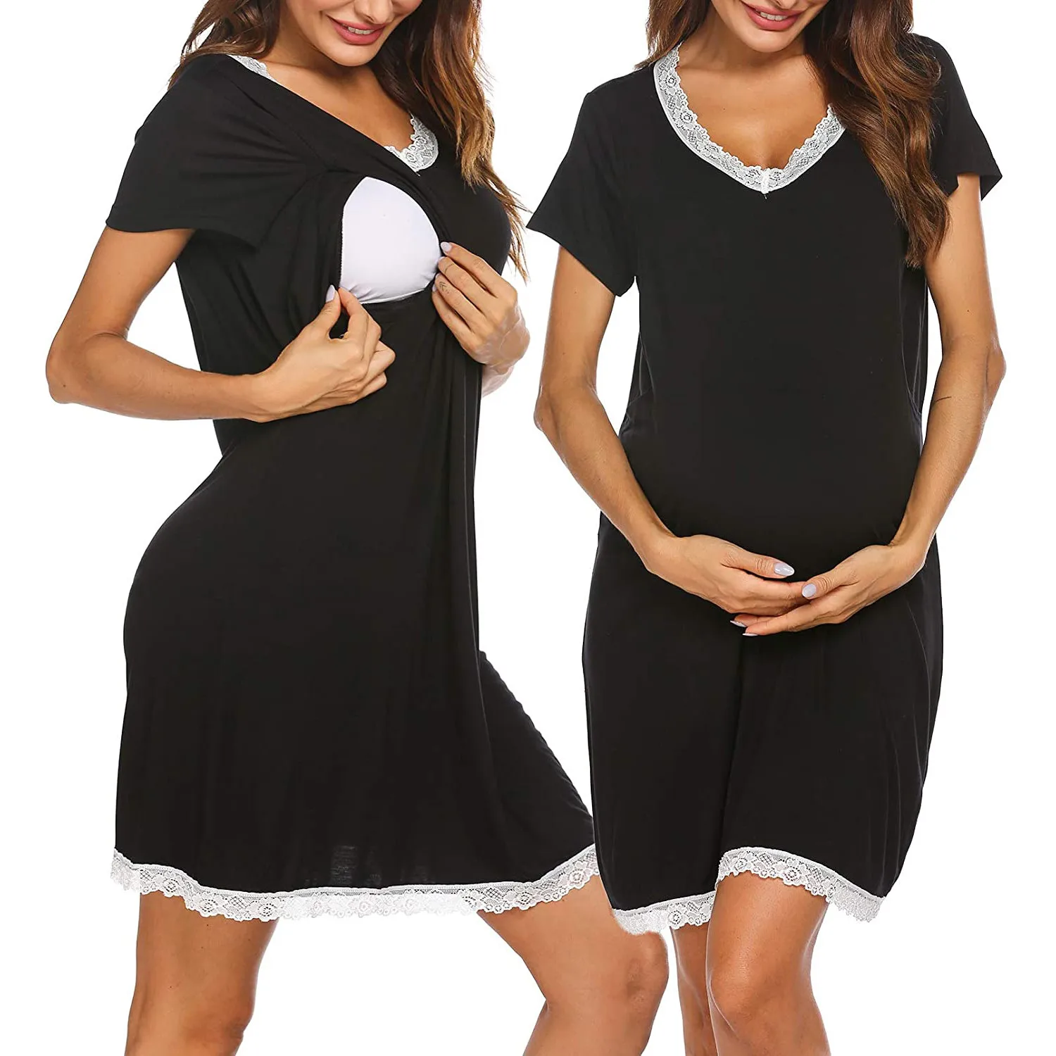 

Women Maternity Short Sleeve Hight Waist Dress For Daily Wearing Or Baby Shower Summer Casual Dress Solid V Neck Dress