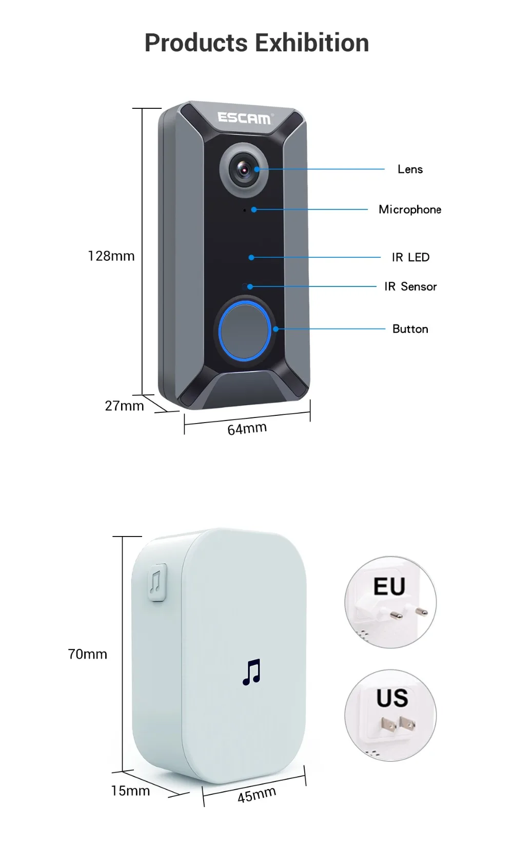 ESCAM V6 720P беспроводной дверной звонок видео камера бесплатное Облачное хранилище водонепроницаемый Домашняя безопасность
