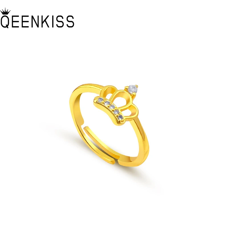 

QEENKISS RG518 Fine Fashion Jewelry Wholesale Fashion Hot Woman Girl Birthday Wedding Gift Crown AAA Zircon 24KT Gold Open Ring