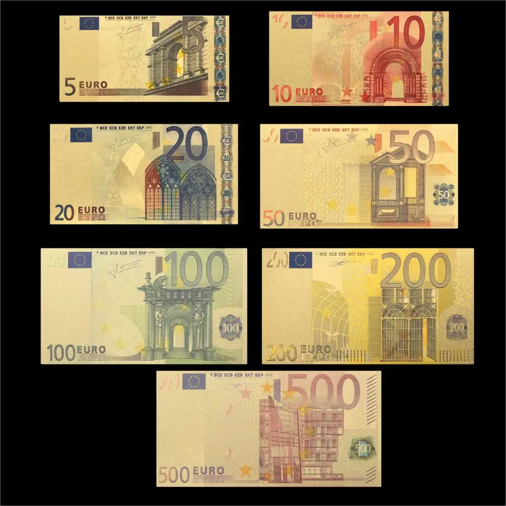 Цветные европейские золото banknotes 10 Банкноты евро в 24k Золотая фольга поддельные деньги для коллекции 5 20 50 100 200 500 Упаковка из 2 шт