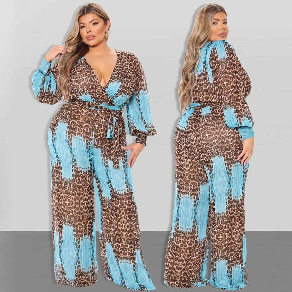 

Plus Size Women's V-neck Chiffon Jumpsuit Leopard Print Fashion Sexy Long Style With Belt Monos Mujer Elegante