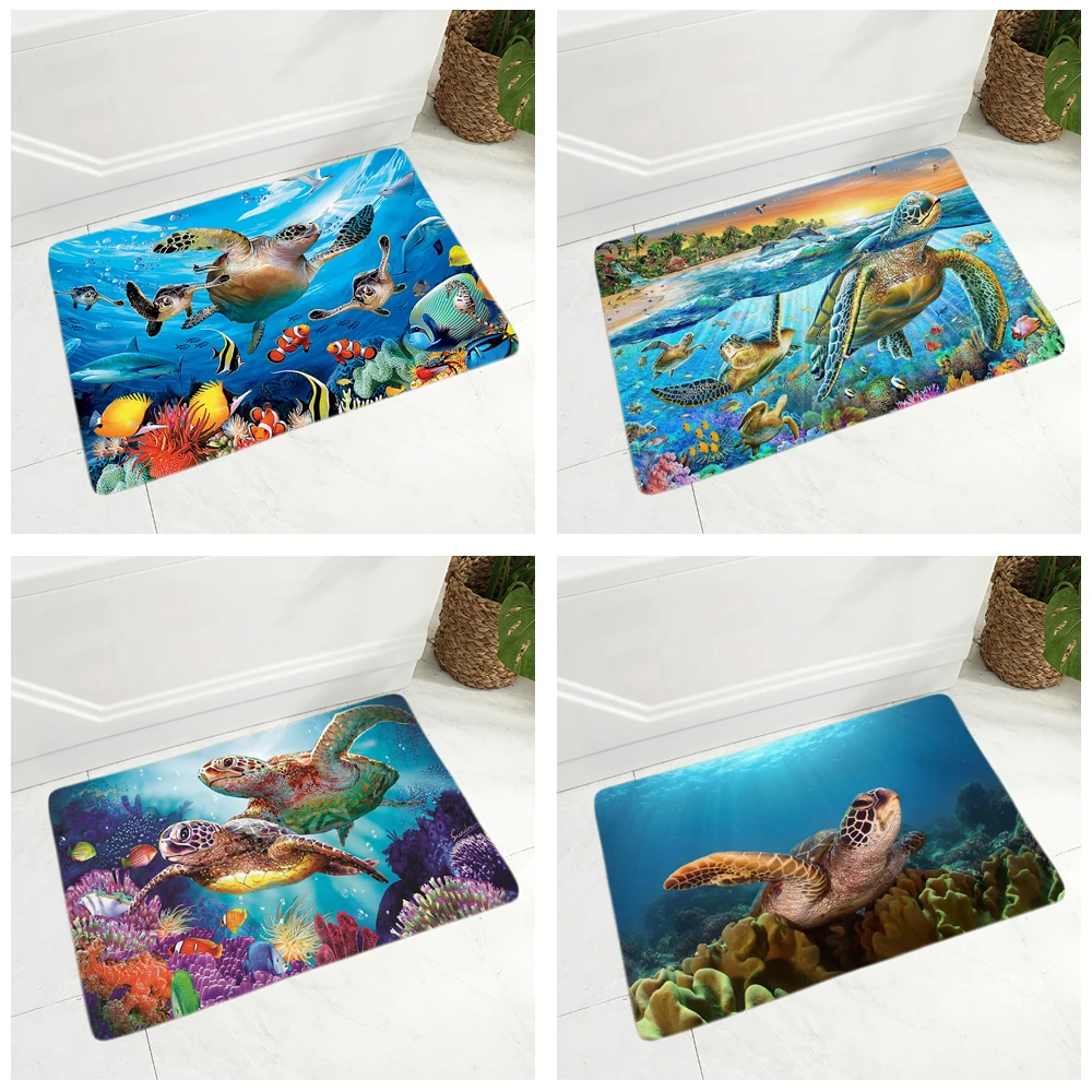 

Colorful Underwater World Sea Turtle Floor Door Mat for Hallway Kitchen Room Decor Animal Doormat Non-Slip Soft Flannel Rug