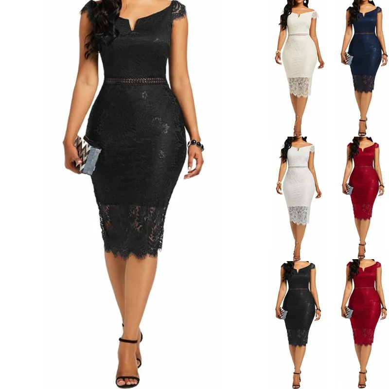 

ELIJOIN Summer Women's Dress New Sexy V-neck Openwork Dress Lace Temperament Slim Hip Skirt