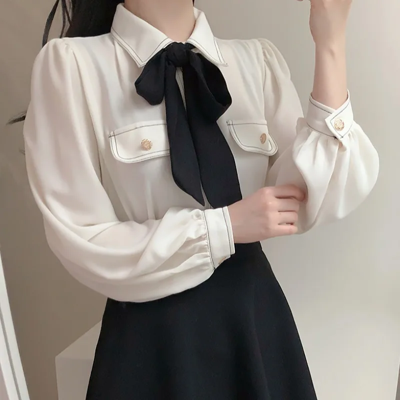 

French Style Bow Blouses Women Vintage Long Sleeve Blouse White Shirt Spring Summer Plus Size Tops Women Shirts blouses femme