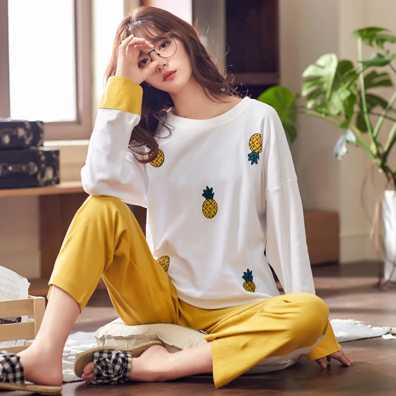 

Spring 2020 WAVMIT New Women Pyjamas 100% Cotton Long Tops Set Female Pajama Sets Loose Leisure Sleepwear Set Women Home Set