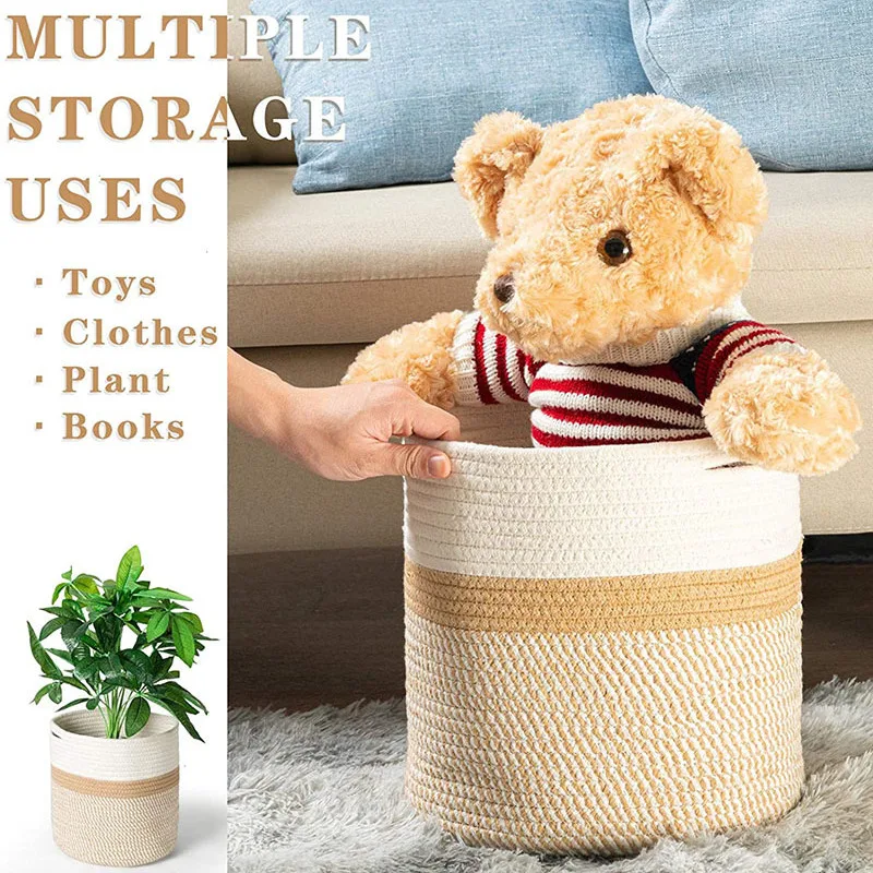 

Cotton Rope Storage Basket Plant Flower Pot Round Hand-woven Laundry Basket Kitchen Clothes Toy Holder Organizer Decoration Home