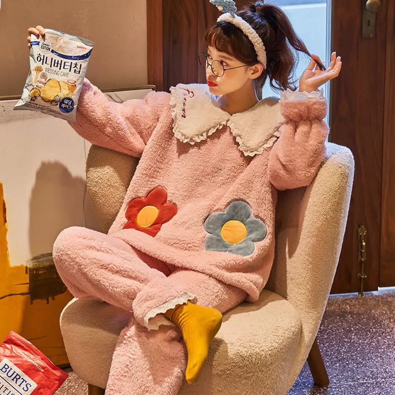

2022, Женский пижамный комплект, зимние толстые теплые фланелевые пижамные комплекты, Мультяшные пижамы, Женская домашняя одежда, одежда для ...