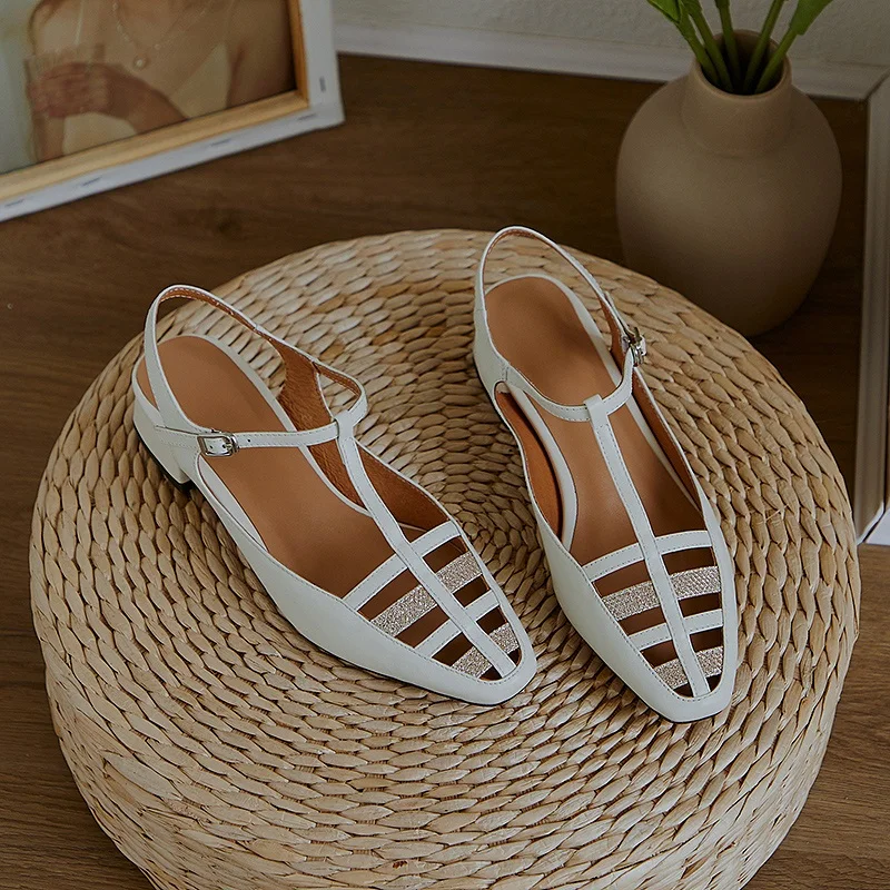 

2021 New Woman Sandals Genuine Leather Square Low Heels Summer Fashion Round Toe Black Brown White Shoes Woman Pumps Size 34-40