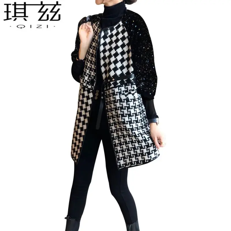 

Heavy industry sequins thousand bird grid coat women's middle long fashionable foreign style coat autumn winter 2020 New Europe