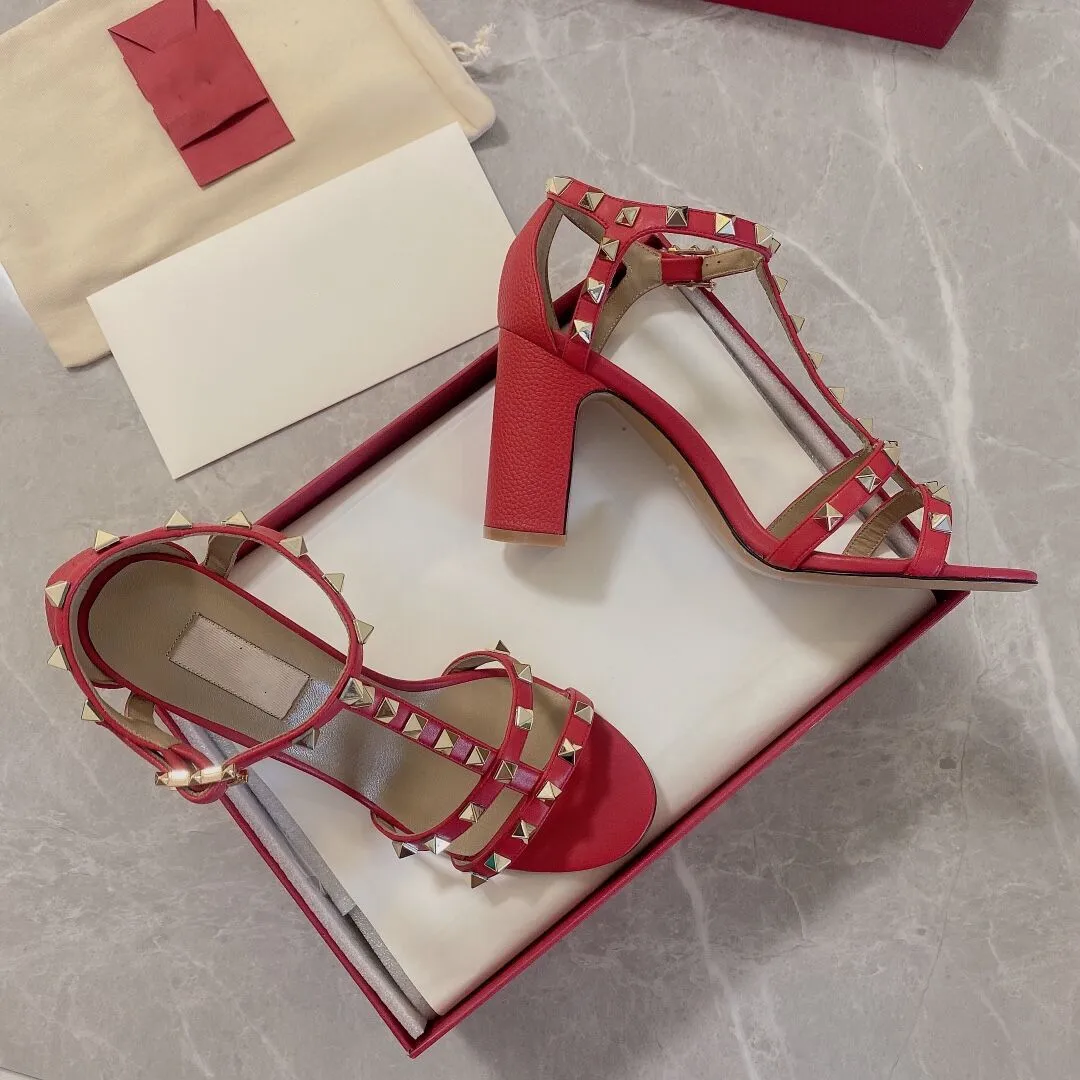 

Summer New Sexy Rivet Open Toe 8.5cm High Heel Sandals Female Thick Heel Leather Buckle Strap Roman Women's Shoes