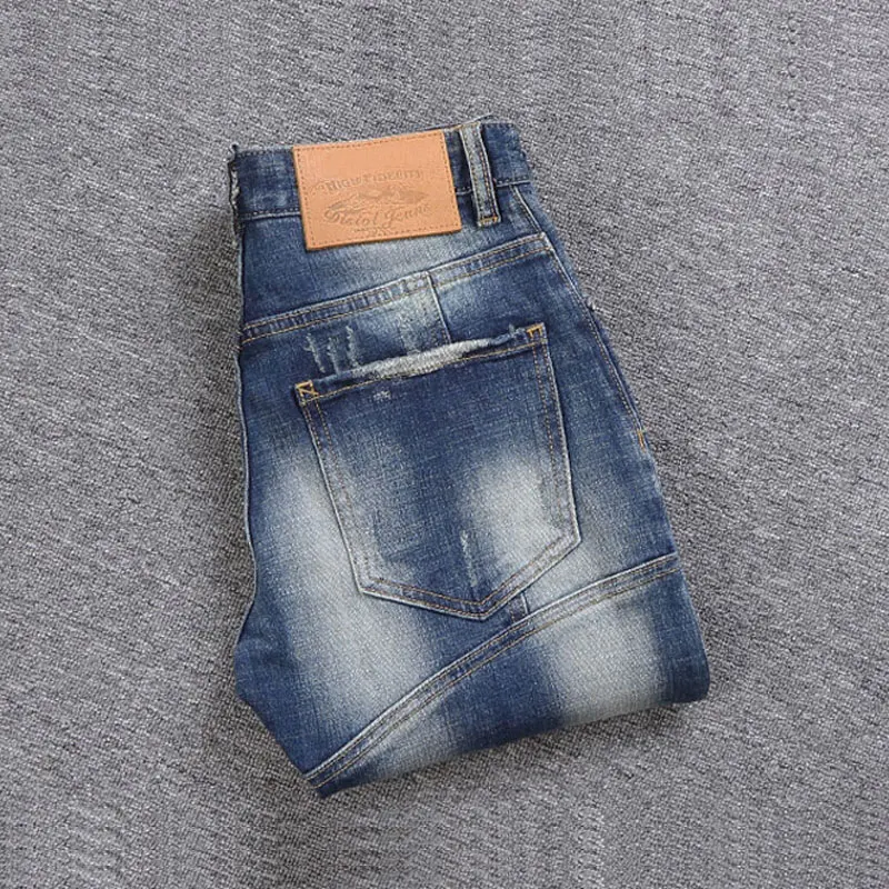 

Streetwear Fashion Men Jeans Retro Blue Elastic Slim Fit Ripped Jeans Men Pocket Patched Designer Hip Hop Denim Punk Biker Pants