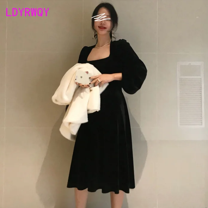 Женское бархатное платье до колена с квадратным вырезом и в стиле ретро для офиса