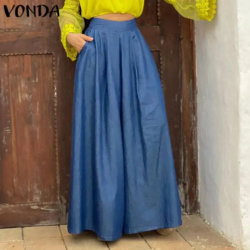 

Demin Wide Leg Pants Women Casual Solid Color High Waist Pants Loose Long Trousers 2021 VONDA Elegant Palazzo