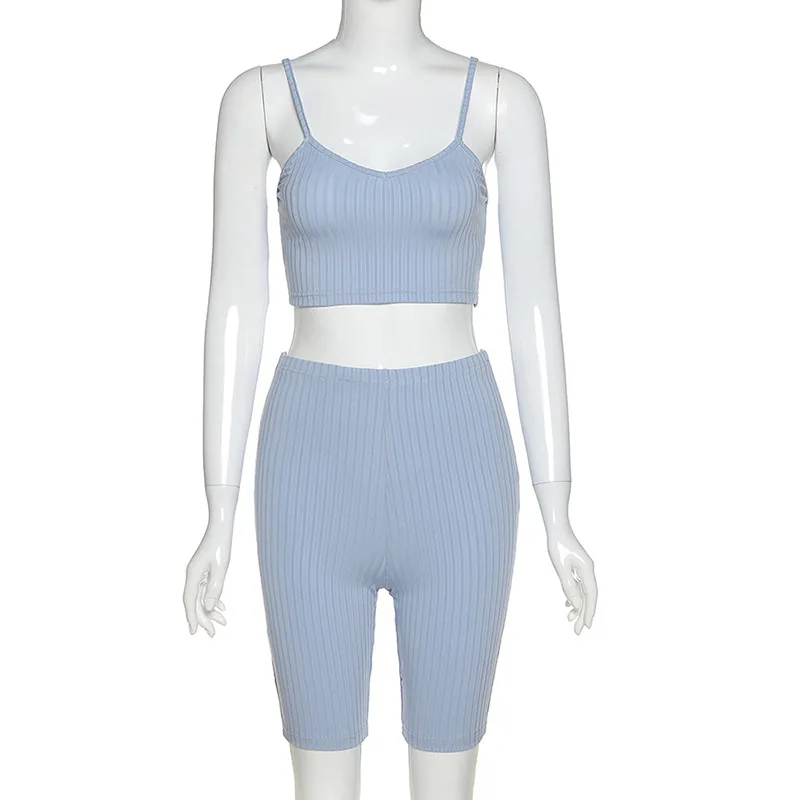 

two piece set women sexy crop top and shorts summer black blue tank tops pants bodycon backless casual matching sets 2020